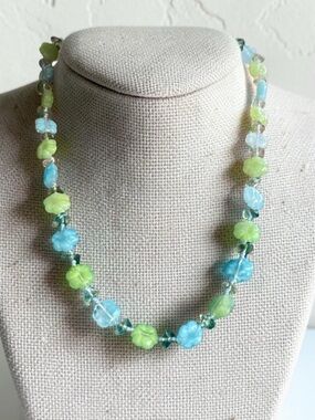 Vintage Japan Carved Art Glass Blue Green Floral Beaded Necklace